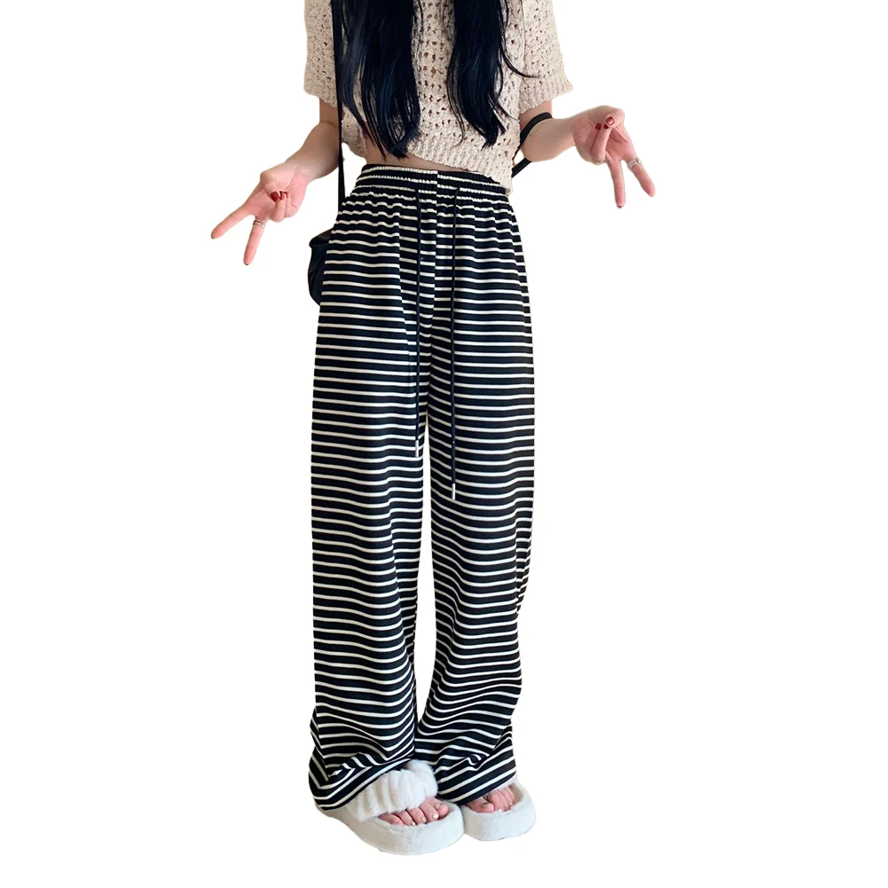 

Shopping Womens Pants Trousers All Seasons Black And White Casual Drawstring Free Size High Waist Horizontal Stripes