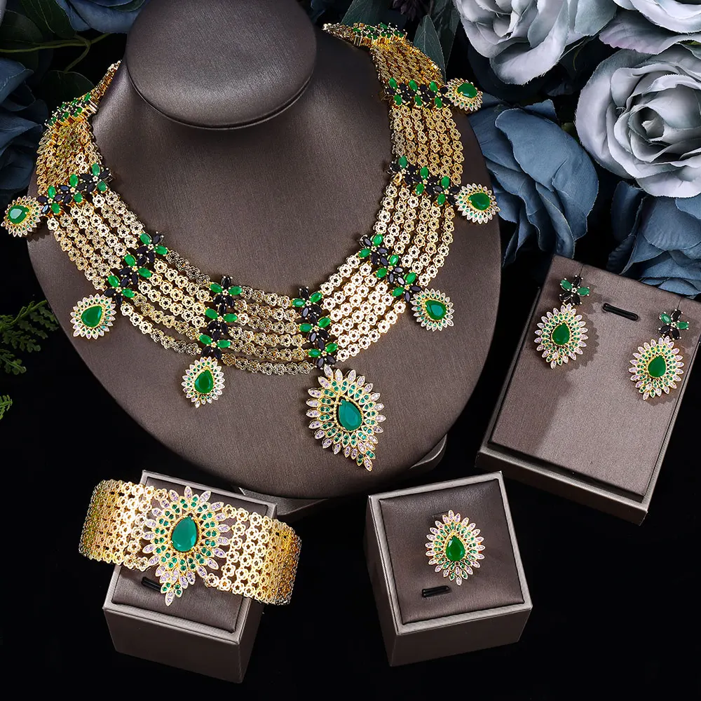 

2023 New 24k gold-plated cubic zirconia 4pcs bride's zircon jewelry set, luxury Libya Dubai bride jewelry set