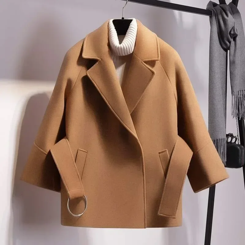 Fashion Casual Ladies Short Coat Solid Color Loose Coat Women's Khaki Lapel Top 2023 New Women Short Woolen Coat Belt Jacket