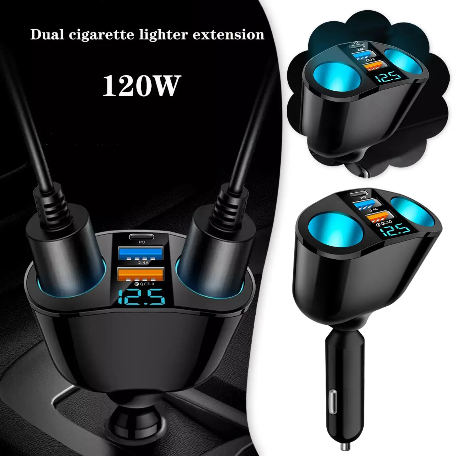 

New Auto QC3.0 Fast Charging Dual USB Car Cigarette Display Charger Multifunctional Two Drive Charging One Car Lighter Dig J9W5