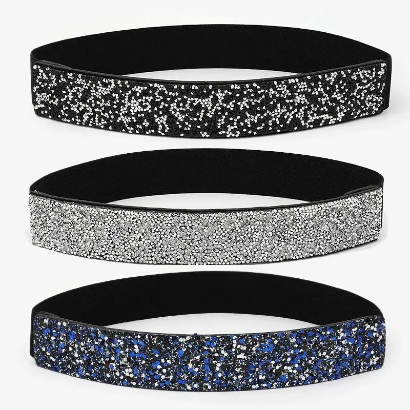 Women Belt Rhinestone Inlaid Elastic Waistband Sparkling Fashion Crystal Waist Cover Elastic Waist Closure Wide Belts With Dress