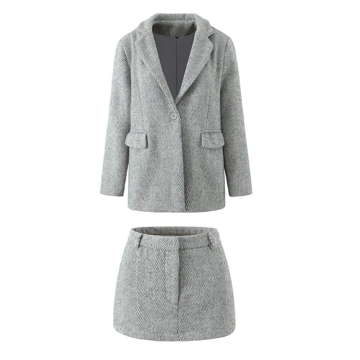 2 Pieces 1 Set CHILL Notched Tweed Weave Oversized Blazer High Waist Package Hips A-line Mini Skirt Suits Matching Gray