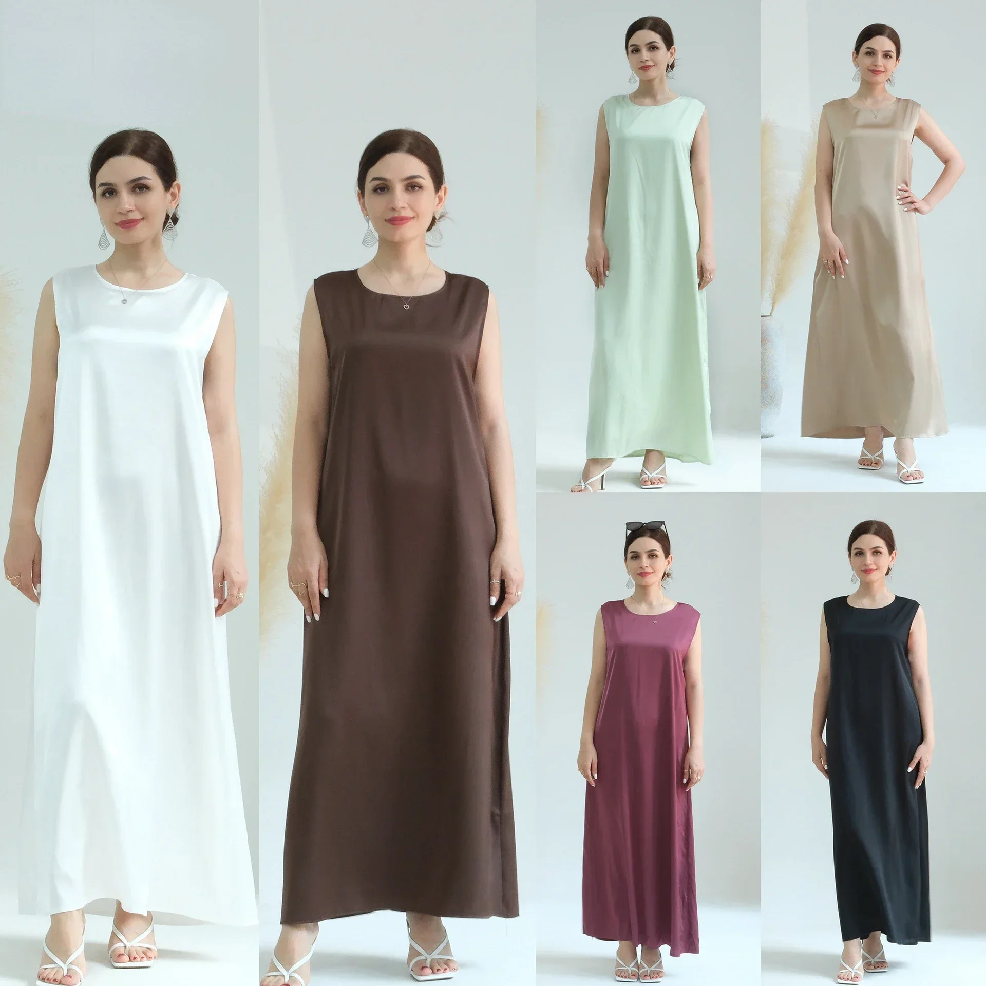 Satin Under Abaya Inner Dress White Sleeveless Slip Muslim Dresses Abayas for Women Dubai Black Turkey Islamic Clothing Kaftan