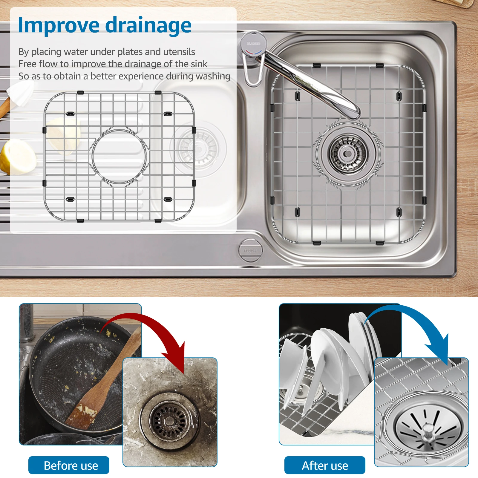 2Pcs Sink Grid Stainless Steel Sink Protectors Effective Protection Drainage Racks with Rubber Padded Feet Easy to Clean