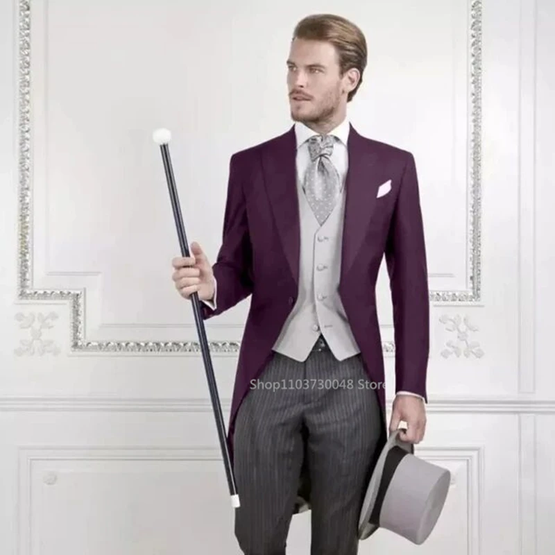 Solid Men's Tailcoat Suit Set Groom Tuxedos for Men Wedding Suit Peak Lapel Blazers Vest Pants 3 Pcs Set Dress for Party Prom