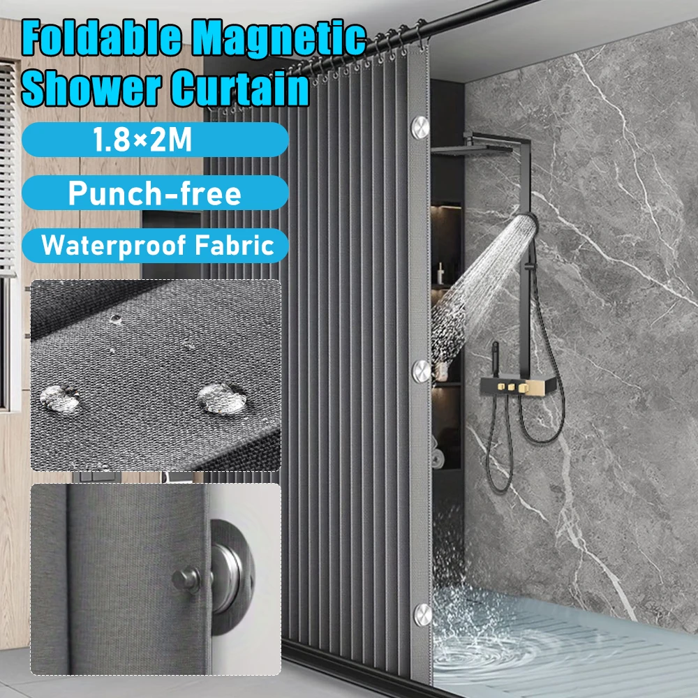 Foldable Magnetic Shower Curtain Waterproof Bath Curtain with 12/14 ...