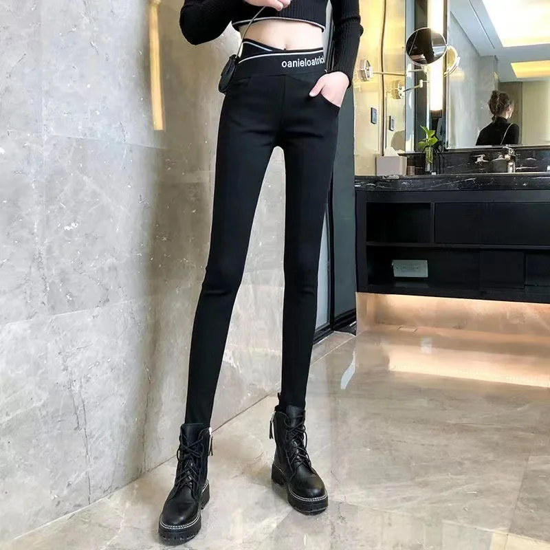 Black Spring New Tight Pants Women Elastic Force Large Size Letter High Waist Printing Slim Comfortable All-match Trousers