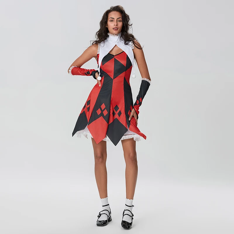 Women's Halloween Cosplay Clown Costume, Halloween Party Clown Cosplay Costume, Dress, Choker, Arm Sleeve, Tutu Skirt