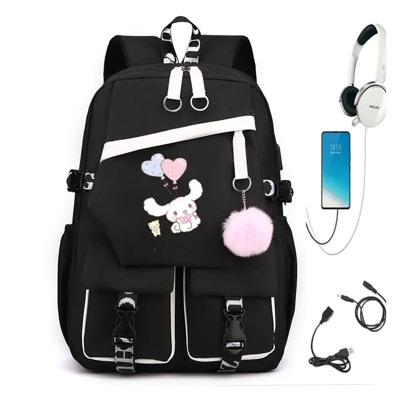 MINISO 사랑스러운 쿠로미 멜로디 배낭 USB 여아용 학교 가방, 십대 캔버스 노트북 백팩, 용량 배낭 애니메이션
