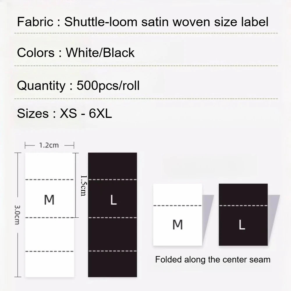 500개/묶음 1.2x3cm 직조 사이즈 라벨 |   셔틀 룸 새틴 원단 |   XS-6XL 사이즈 범위 의류용 흰색/검은색 배경