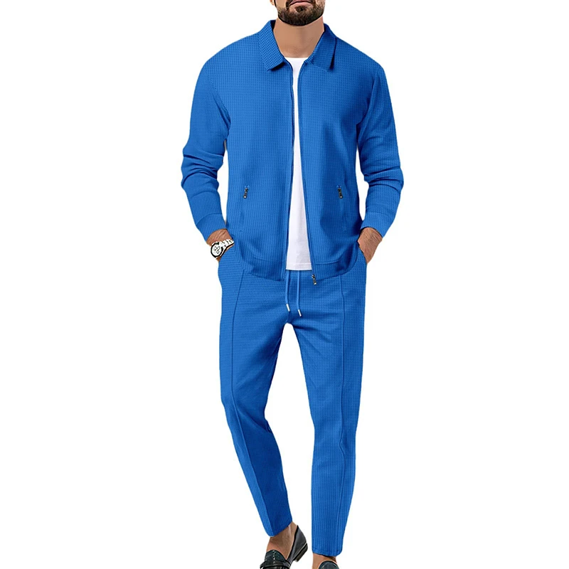 Leisure Waffle Two Piece Suits Men Casual Loose Lapel Zip-up Coats And Pants Sets For Mens Clothing Autumn Fashion Outfits Male