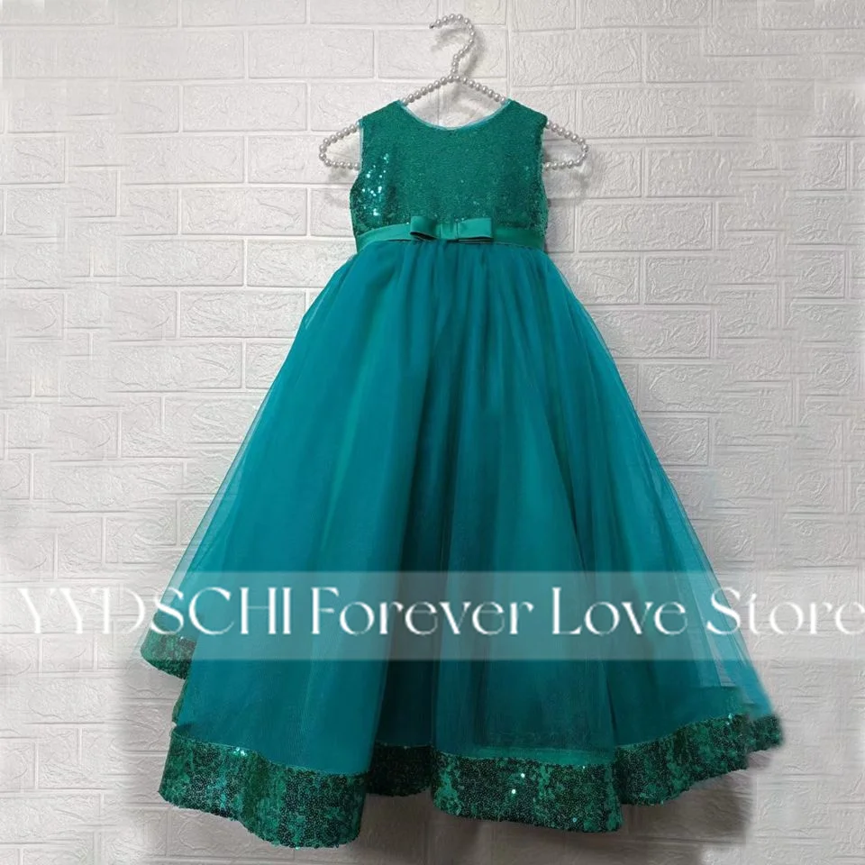 

Elegant Green Glitter Sequined Sleeveless Flower Girls Dresses For Wedding 2023 Princess Tulle Kid Pageant First Communion Gowns