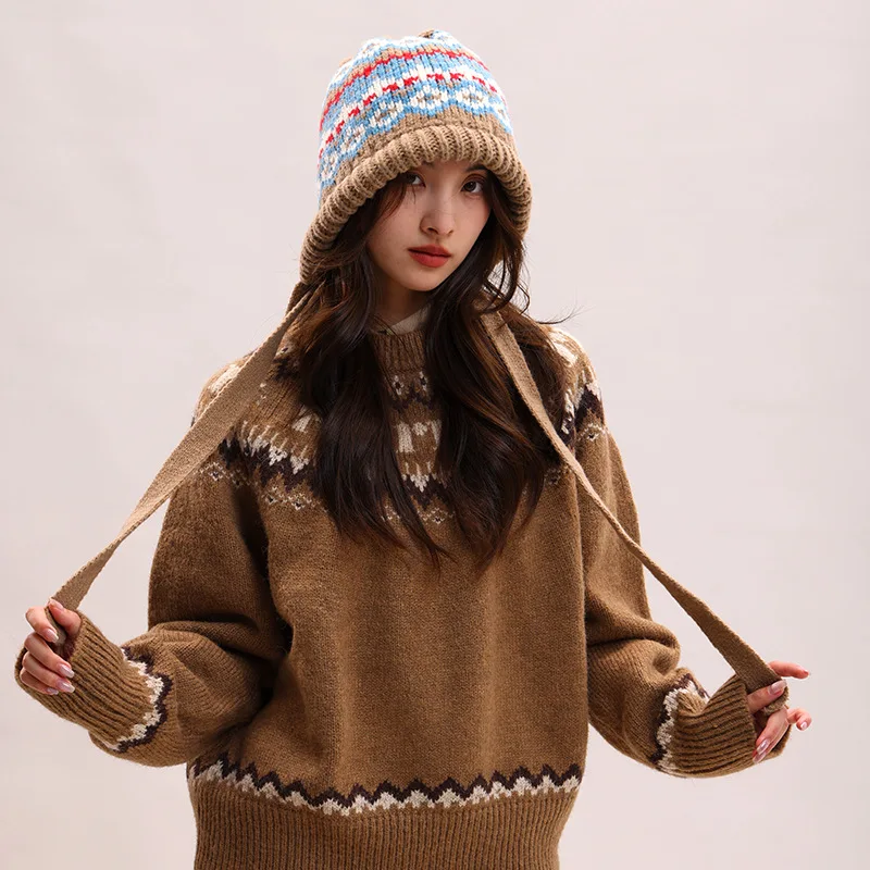 2025 Knitted Vintage Jacquard Hat Winter Knitted Hat for Women Warm and Cold Proof Face Enhancing Knitted Hat Skullies & Beanies