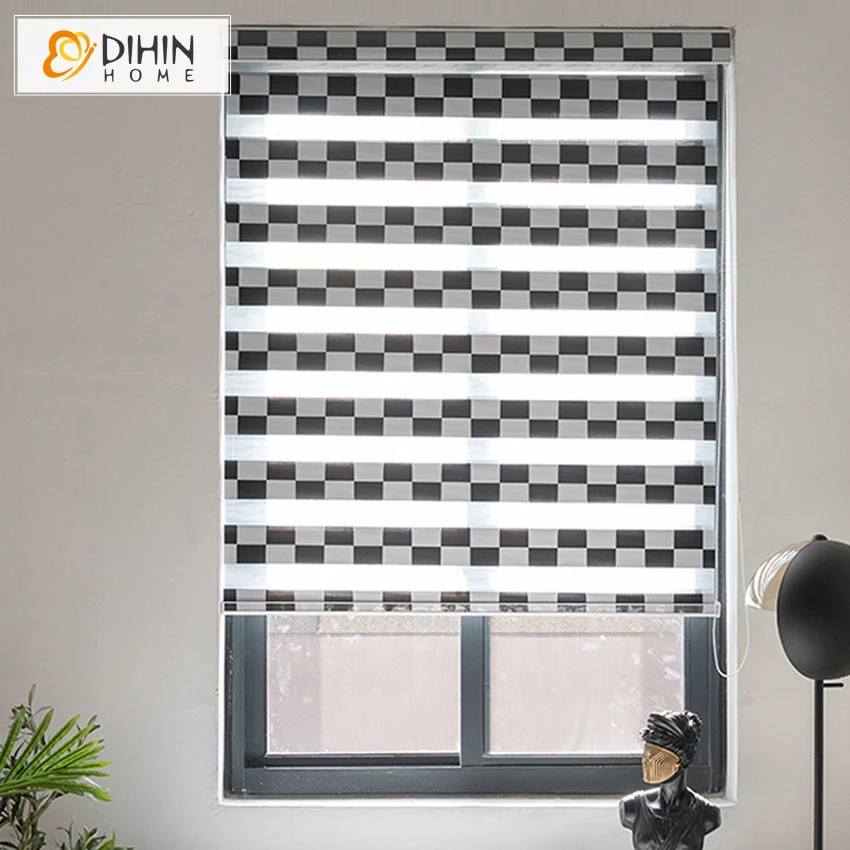 New Arrival High Quality Black and White Plaid Blackout Zebra Blinds Double Layer Roller Cut To Sizes |