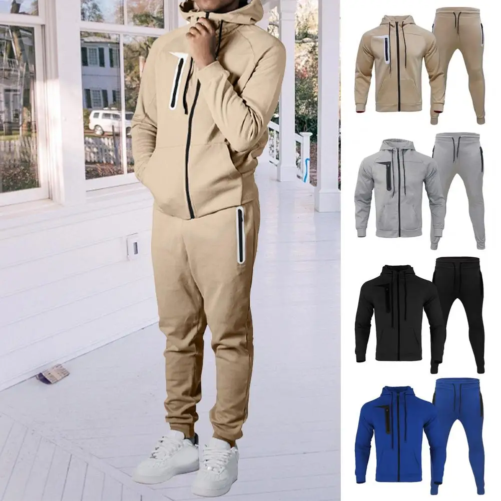 Unisex Jacket Trousers Set Unisex Sportswear Set Hooded Coat Elastic Waist Pants Long Sleeve Pockets Spring Fall Couple