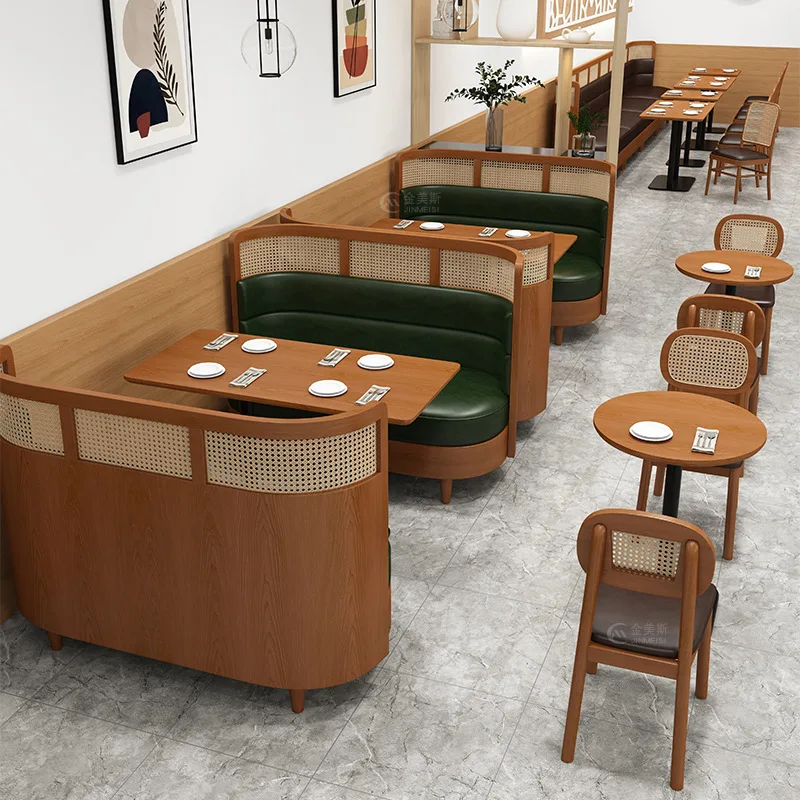 

C0127 Coffee Shop Table and Chair Combination Retro Simple Designer Solid Wood Rattan Chair Dessert Shop Cold Drink Shop Casual