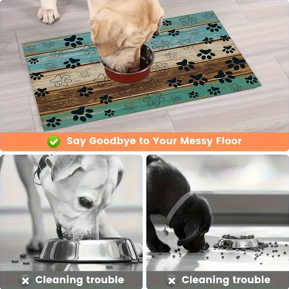Wood Grain Paw Print Rubber Dog Feeding Mat - A Quick Drying, Absorbent, and Easy To Clean Bowl Mat Suitable for Dogs and Cats