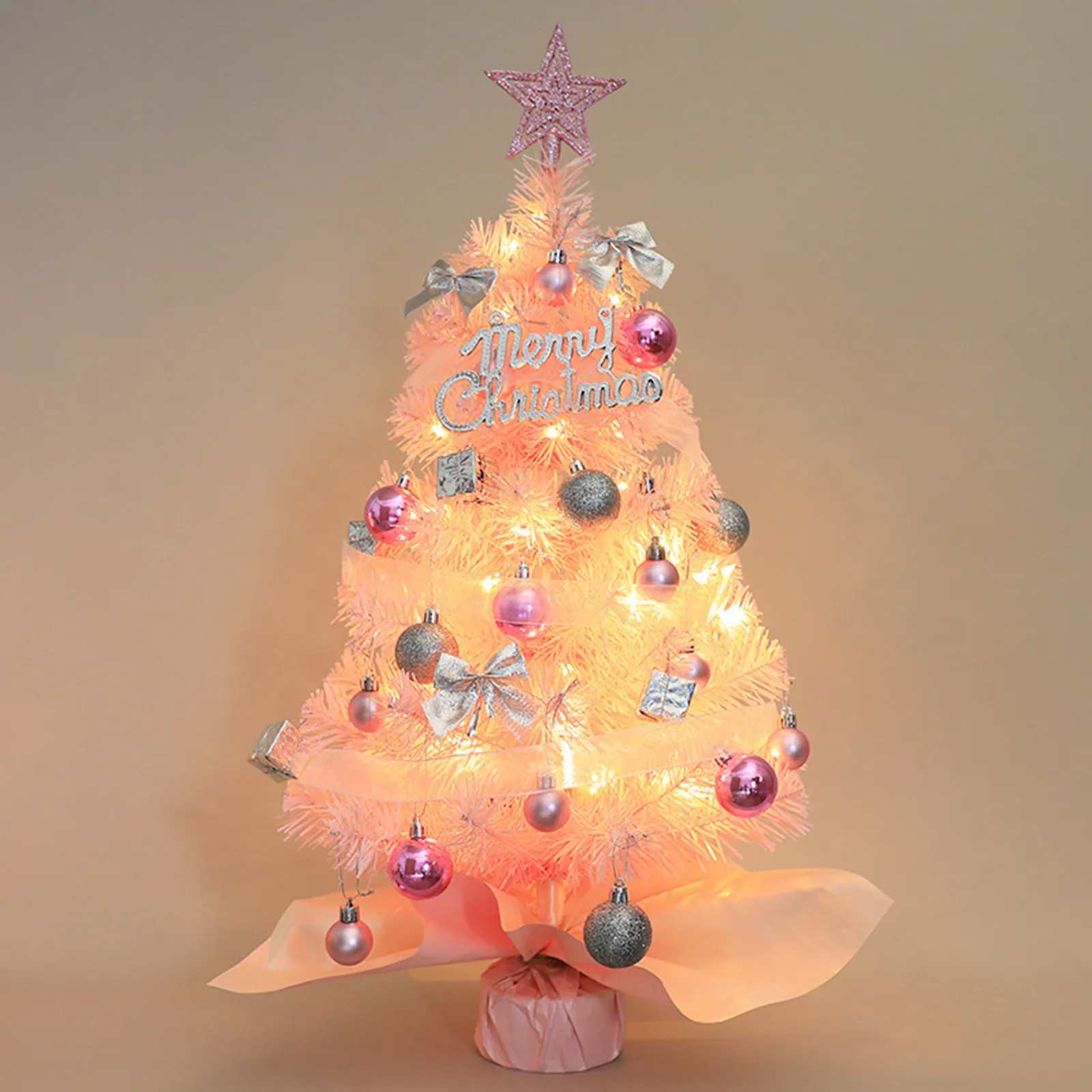 Árbol de Navidad de 45/60cm con luces, árbol de Navidad Blanco/rosa con  estrella, pino en miniatura con adornos, gran oferta - AliExpress, image size:1600x1600