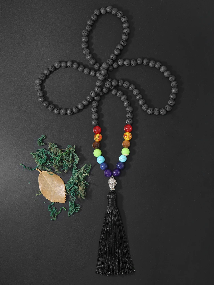 

Ожерелье OAIITE из вулканического камня 6 мм мужское ожерелье из 7 чакр с бусинами мужская Серебряная маленькая голова Будды молитва медитация энергия ювелирные изделия