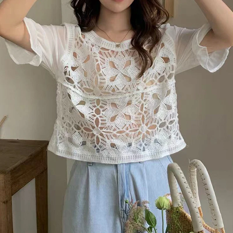 

Женская кружевная блузка с круглым вырезом, Прозрачная жаккардовая Свободная блузка с коротким рукавом, Повседневная рубашка с кружевом, модель 2023 на лето, 27634
