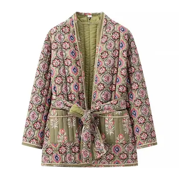 Winter Green Flower Print V neck Quilted Jacket Ethnic Women Tie Bow Sashes Quilting Full Sleeve Coat BOHO Midi Outerwear 4