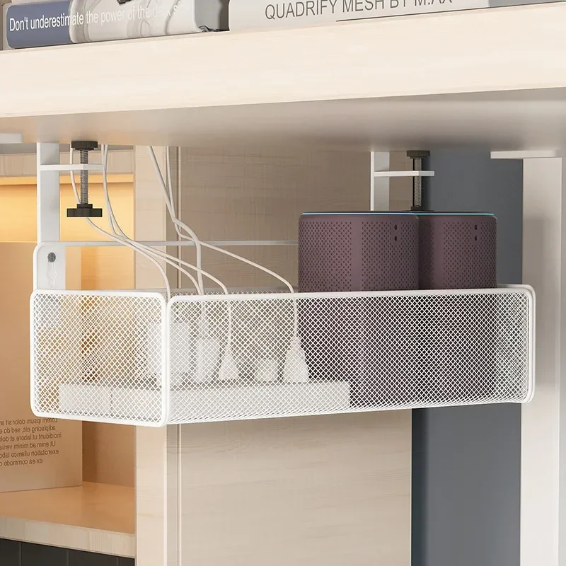 Under Desk Cable Management Tray No Drill Office Table Organizer Rack Metal Mesh Cable Management Under Desk with Clamp Mount