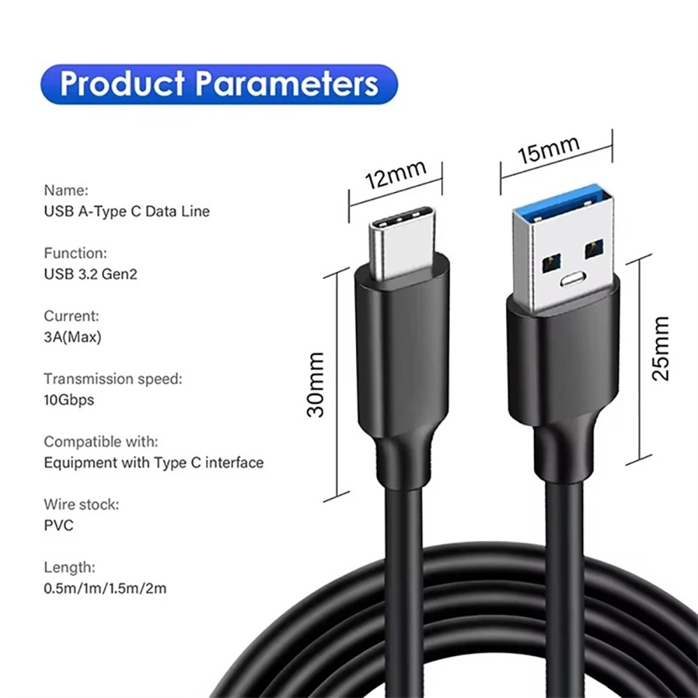 10Gbps USB 3.2 Type A to USB C Data Transfer Cable 3A 60W QC 3.0 Fast Charging for SSD Hard Disk Universal USB Equipment
