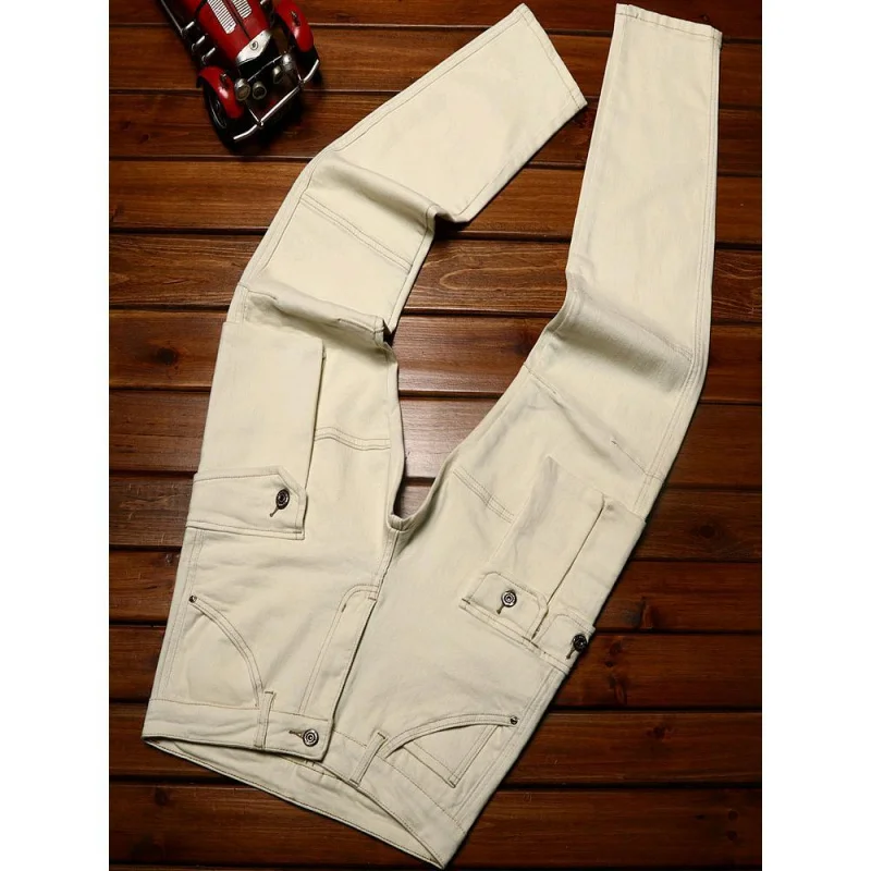 High end trendy jeans for men with multiple pockets slim fit straight leg elastic fashion elastic casual trendy motorcycle pants 3
