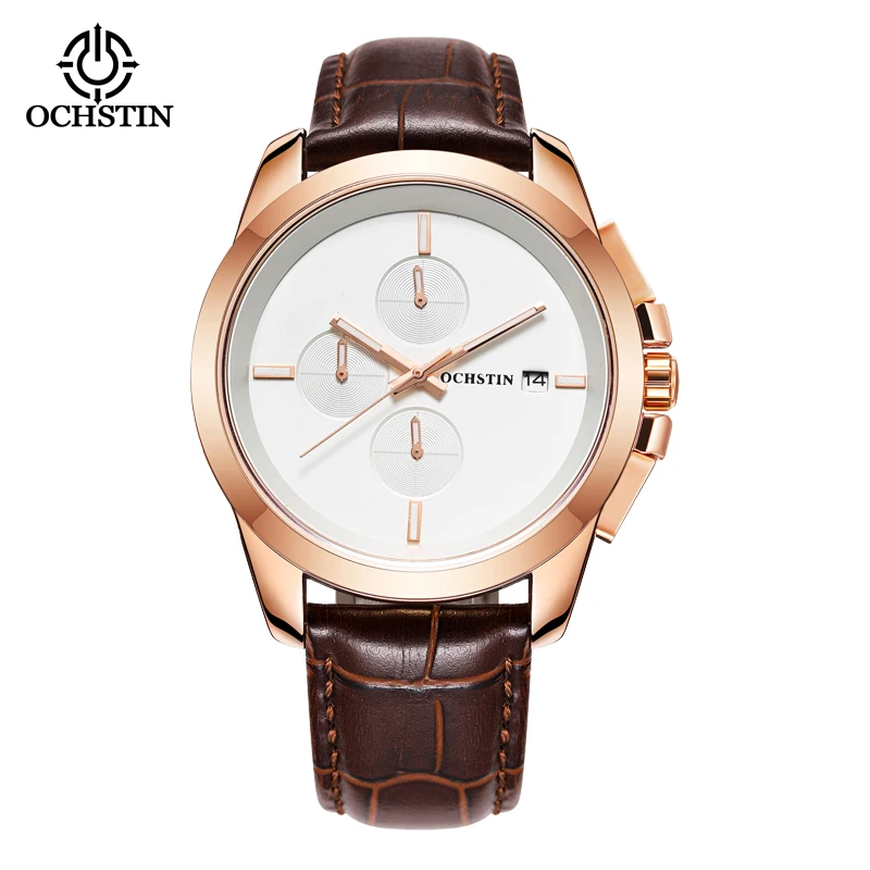 OCHSTIN Multi-functional Quartz Watch Leather Strap All-in-one Calendar Watch Clock Chronograph Quartz Mens Watch