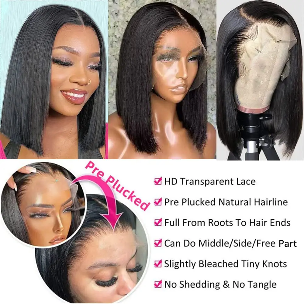 Peruvian Short Straight Bob Wig 13×4 Lace Front Human Hair Wigs For Women HD Lace Frontal Wig Glueless 200% Density Closure Wig