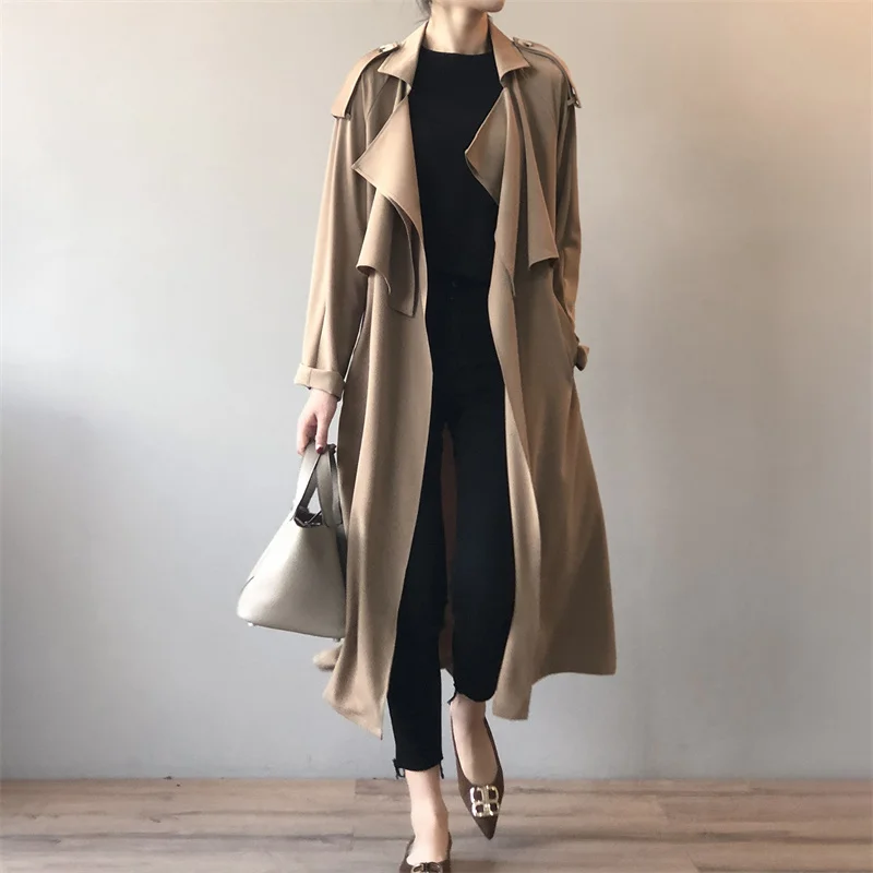 

Spring Autumn Trench Coat Loose Single Breasted Woman Korean Version Fashion Long Lace Up Commuting Retro British Style Solid