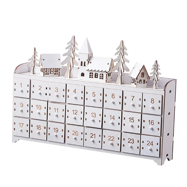 Calendrier Avent bois blanc lumières 27 cm