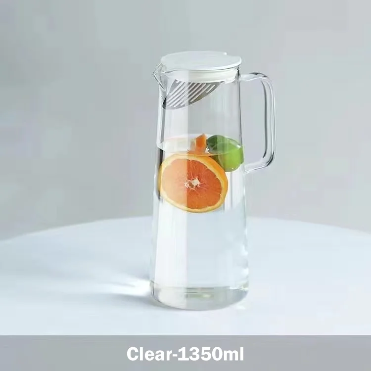 פיצ'ר זכוכית בנפח 1.8 ליטר עם מכסה, ניקוי קל, זכוכית עמידה בחום, קנקן מים למקרר עם ידית לשתיית משקאות חמים / קרים