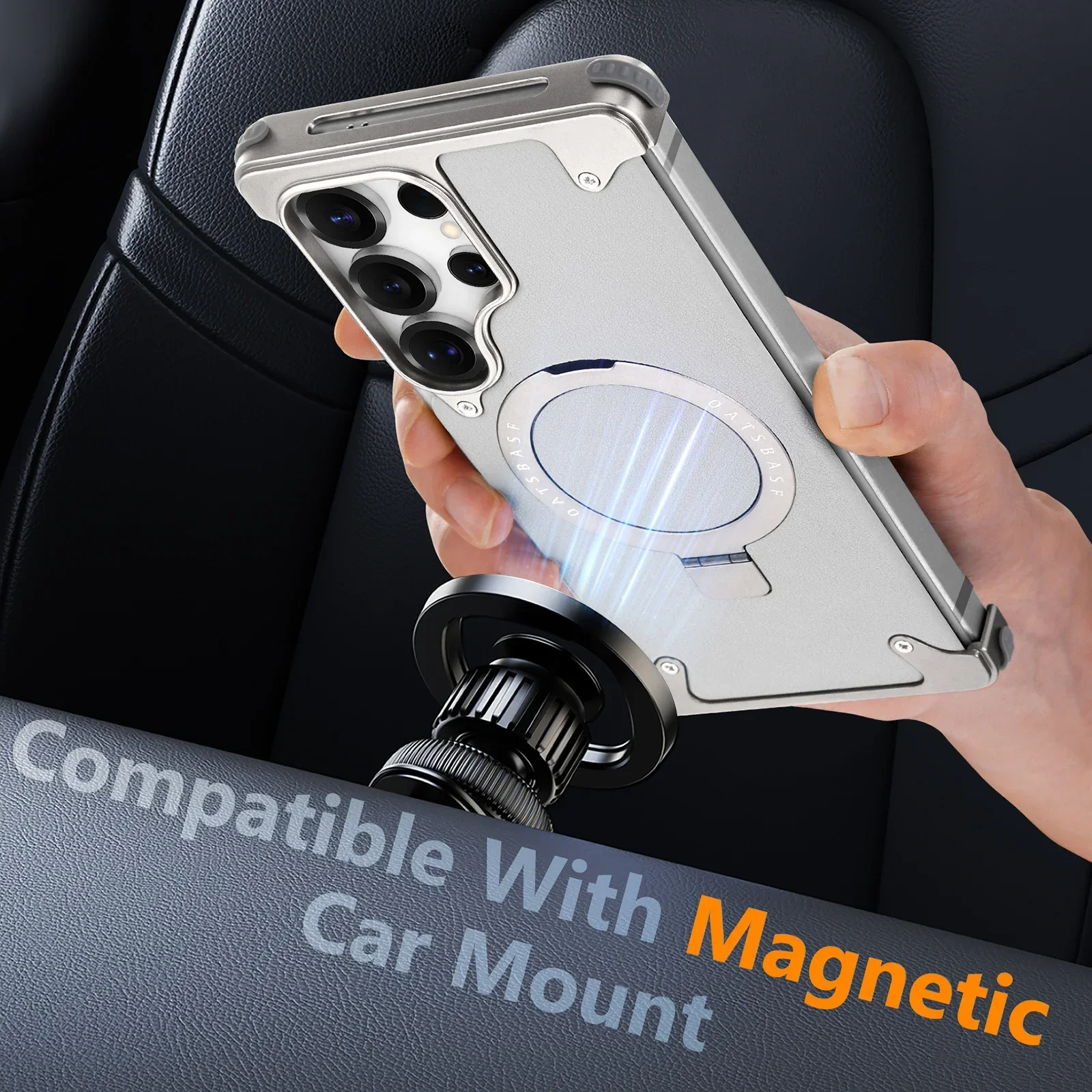 Eary Leather Phone Case for Samsung Galaxy S25 Ultra Magnetic with 360° Rotate Stand Metal Frameless Shockproof Protector Cover