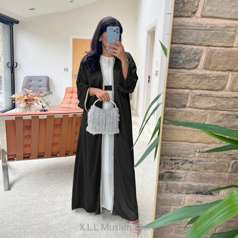 Open Kimono Abaya Shiny Satin Caftan Femme Outfit Turkey Kaftan Kebaya Modest Dubai 2024 Luxury Muslim Women Dress Musulmane