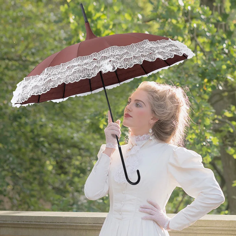 Women 16 Ribs Lace Umbrella Pagoda Parasol Princess Long-handle Windproof Sunny and Rainy Umbrella for Outdoor Photography