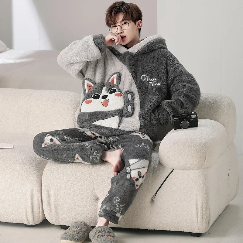 

Animal Dog Winter Men Pijama Sets Thicken Soft Sleepwear Hooded Pyjama Male Pajama Sets Coral velvet Men's Pajamas Warm Homewear