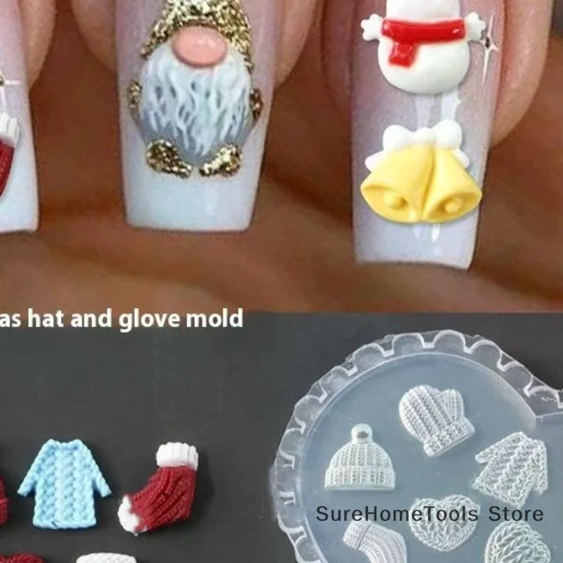 1Pc 3D Acrylic Silicone Nail Mold - Christmas Hat Socks Shell Starfish Lily Tulip Flower, DIY Manicure Decorations