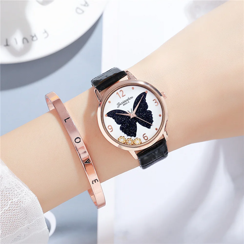 

Temperament Fashion Simple Belt Ladies Watch Cute Rhinestone Butterfly Pattern Quartz Women's Belt Watch