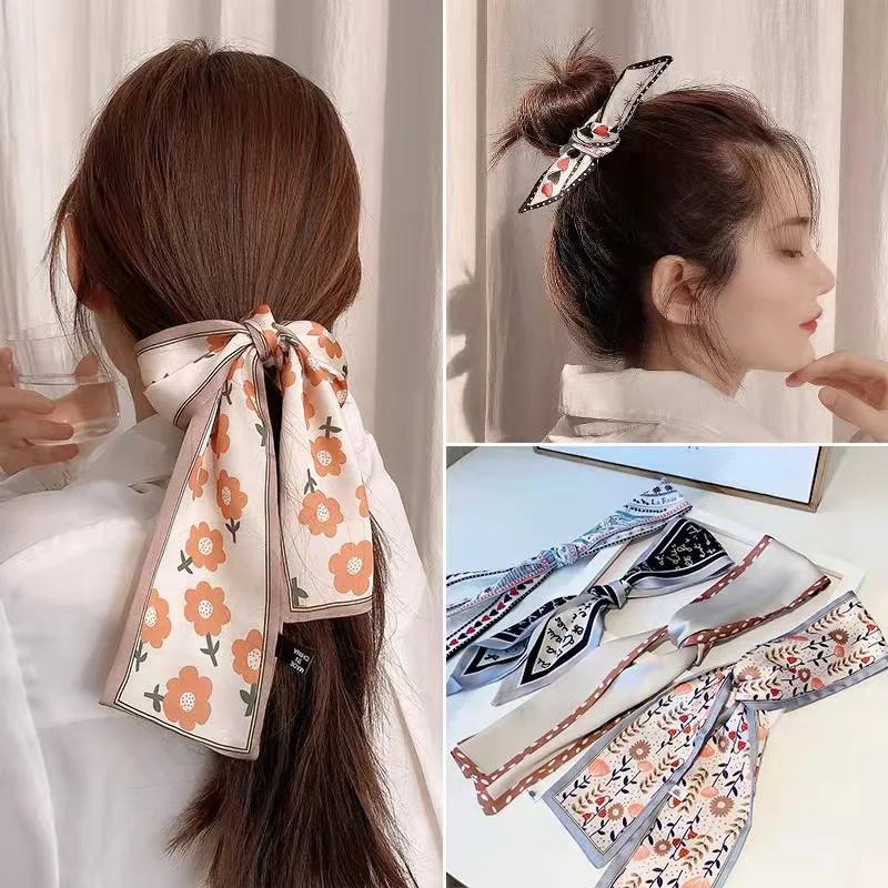 Retro Silk Scarf Streamer Bow Hair Tie Hair Band Women's Elegant Tied Hair Neck Scarf Hair Accessories Satin Material retro style double cotton yard shoulder neck camera strap