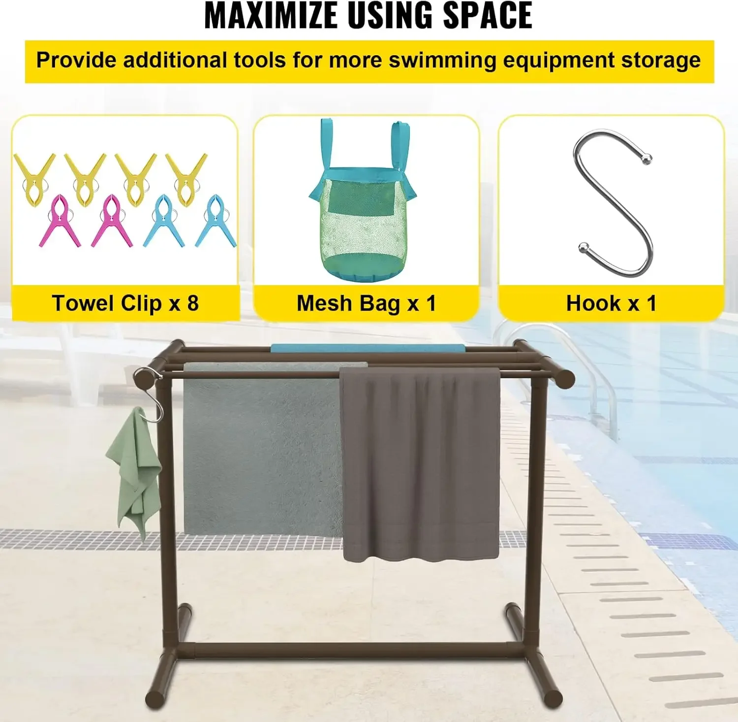Pool Towel Rack, 5 Bar, Brown, Freestanding Outdoor PVC T-Shape Poolside Storage Organizer, Include 8 Towel Clips 5