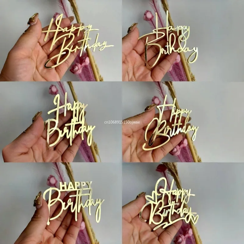 1Pcs Simple Style Happy Birthday Cake Toppers Gold Acrylic Side Birthday Cake Decoration Topper for Baby Dessert Decoration