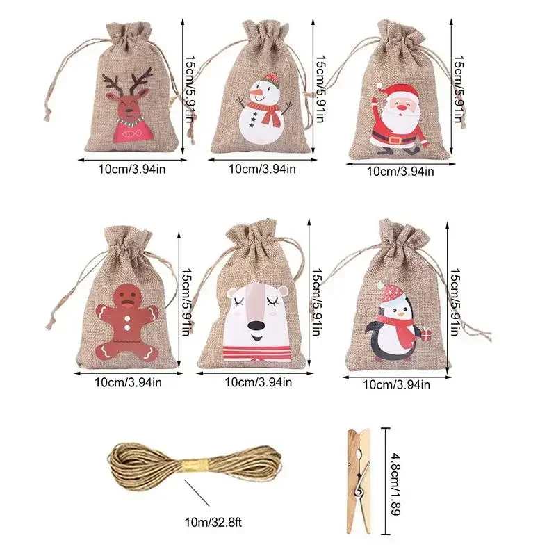 2026 Christmas Advent Calendar Small Christmas Gift Bags Tiny Christmas Burlap Candy Bag Holiday New Year Party Favors Supplies