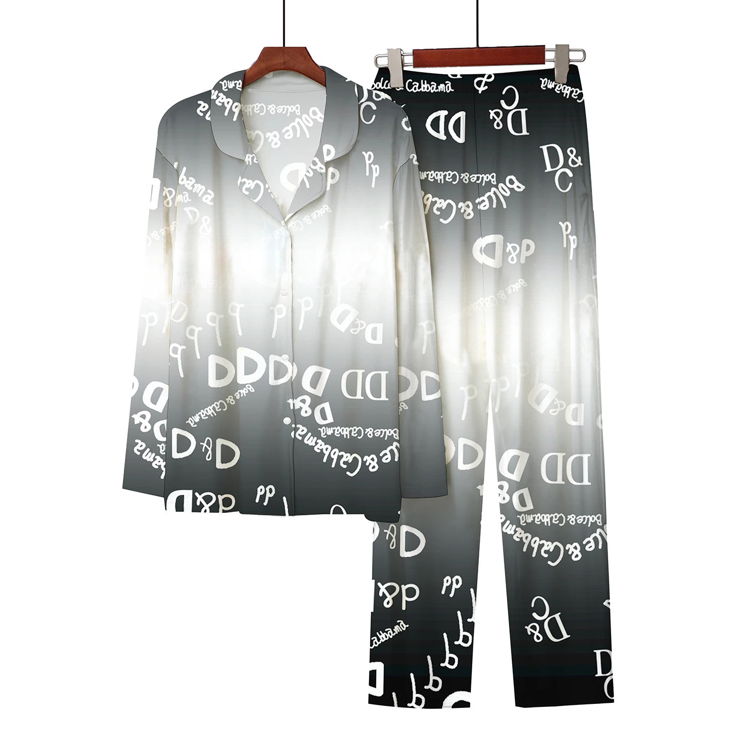 Spring Autumn 2023 New 3D Digital Printing Fashion Letter Button Cardigan Imitation Cotton Sleepwear Nightwear Home Casual Set