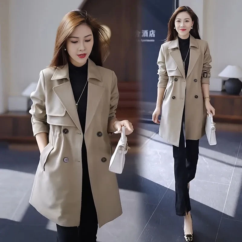 

2024 Spring Autumn Trench Coat Women Double Breasted Slim Casual Outwear Female Windbreaker Long-Sleeved Top Black Khaki Clothes