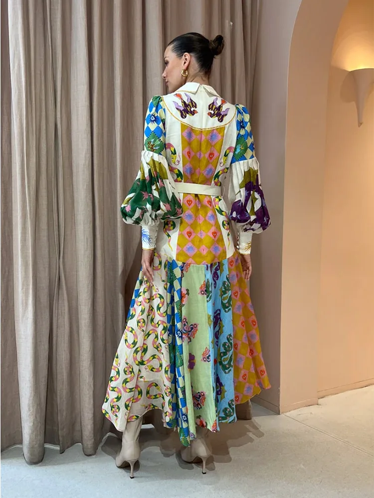 Print Holiday Women Beach Dress With Belts A-line Long Lantern Sleeve Single Breasted Lapel Seaside Dresses Swing Colorful Robe