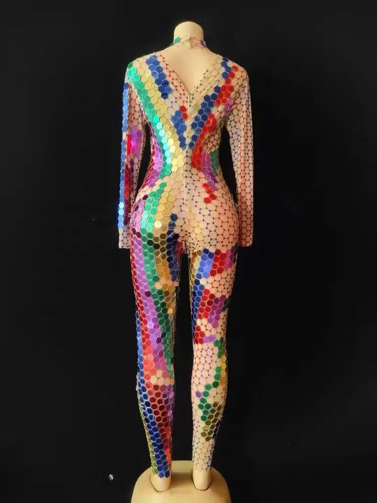 Stage Outfit Mirror Rhinestones Transparent Jumpsuit Long Sleeve Birthday Prom Party Dress  Dancer Show Outfit Stage Wear