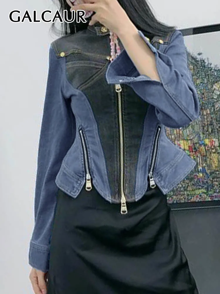

GALCAUR Streetwear Hit Color Coat For Women Round Neck Long Sleeve Patchwork Zipper Slimming Chic Denim Coats Female 2023 New