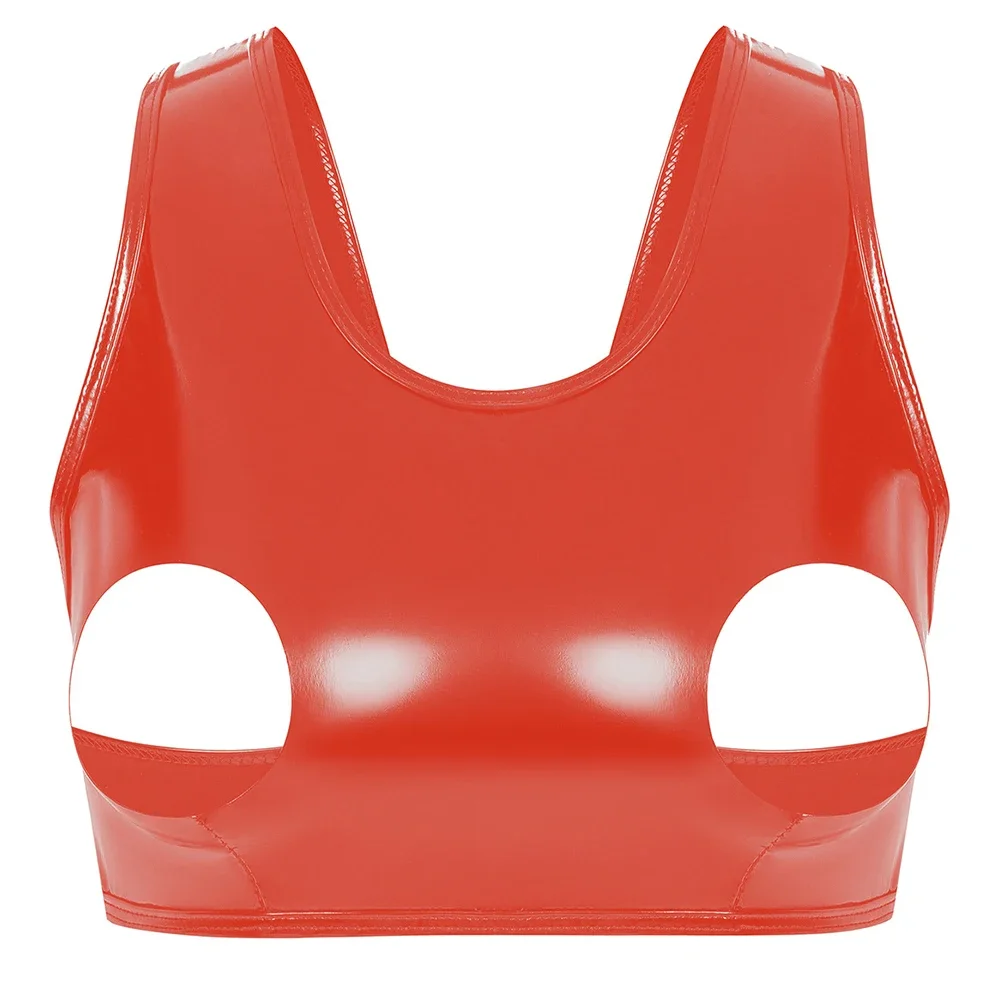 Erotic Open Chest Leather Bras Lingerie for Women Sexy Underwear Tank Top Sleevele Faux Leather Exposing Breast Bras Erotic Tops
