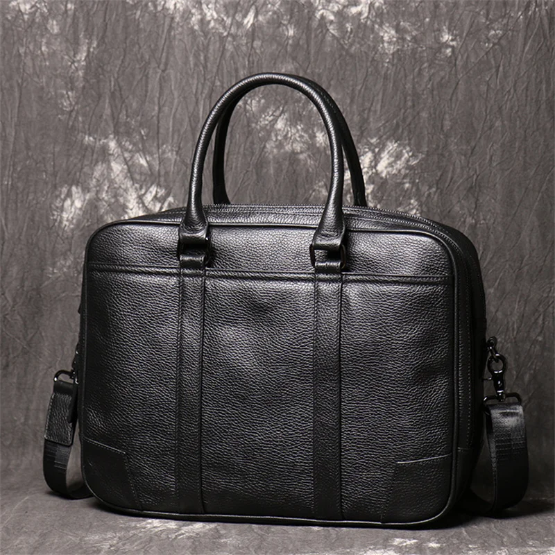 

2 Main Pockets Black A4 Genuine Leather 14'' Laptop Executive Office Women Men Briefcase Portfolio Business Messenger Bag M1814